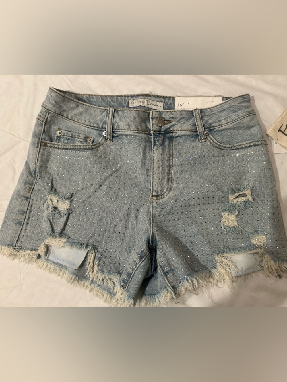NWT/ Est. 848 rhinestone Shorts, frayed, raw hems/ Size 10/ Retail $28